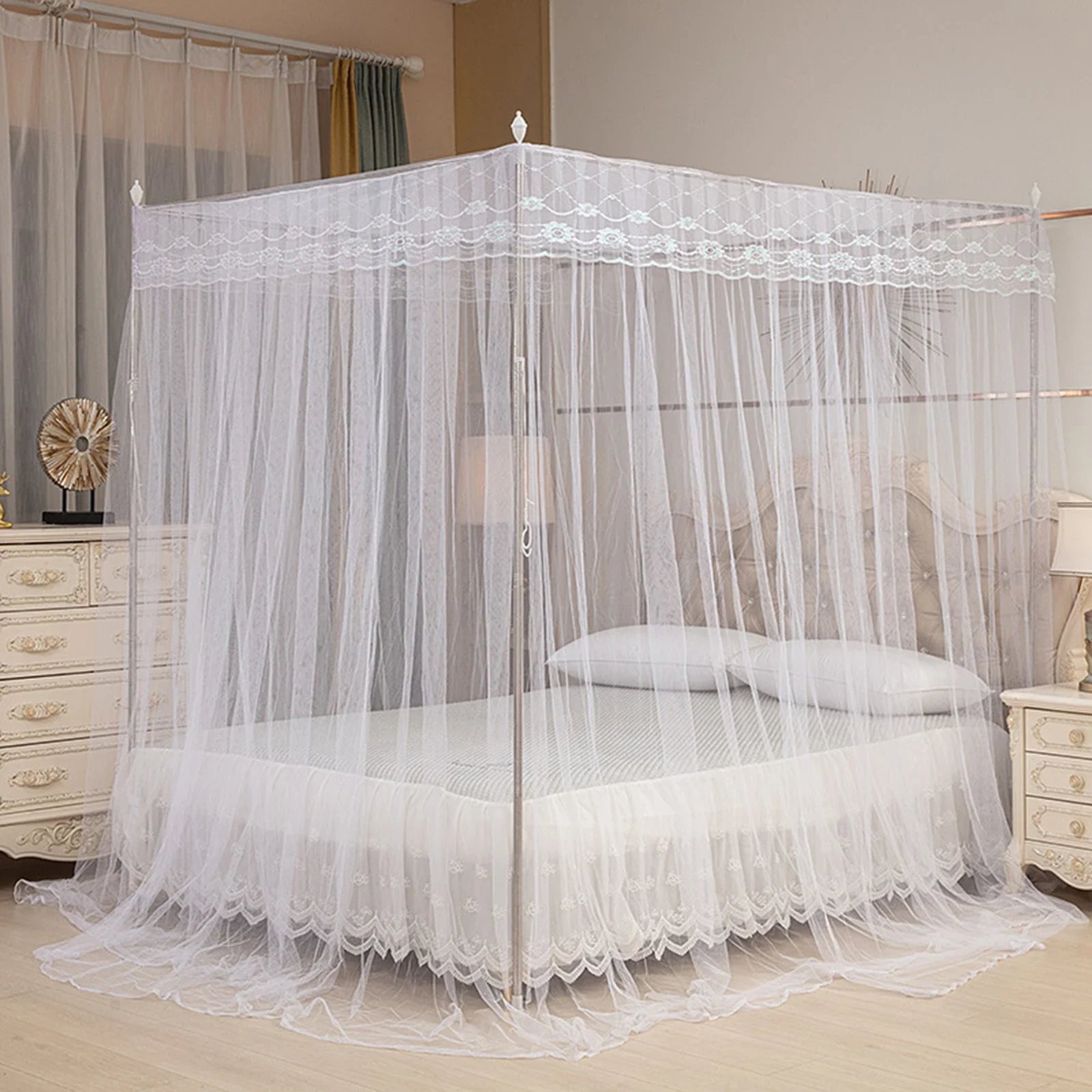 2024 New Mosquito Net Tent for Bed Three Side Opening Canopy Netting for Bedroom without Mosquito Net Holder Princess Bed Canopy