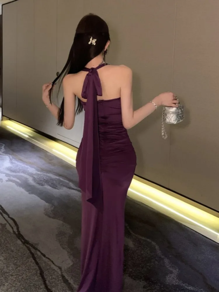 Vestido de fiesta de noche ajustado, elegante y Sexy, púrpura, con cuello Halter, plisado, con tirantes, novedad de 2021, vestido elegante para fiesta de graduación de verano