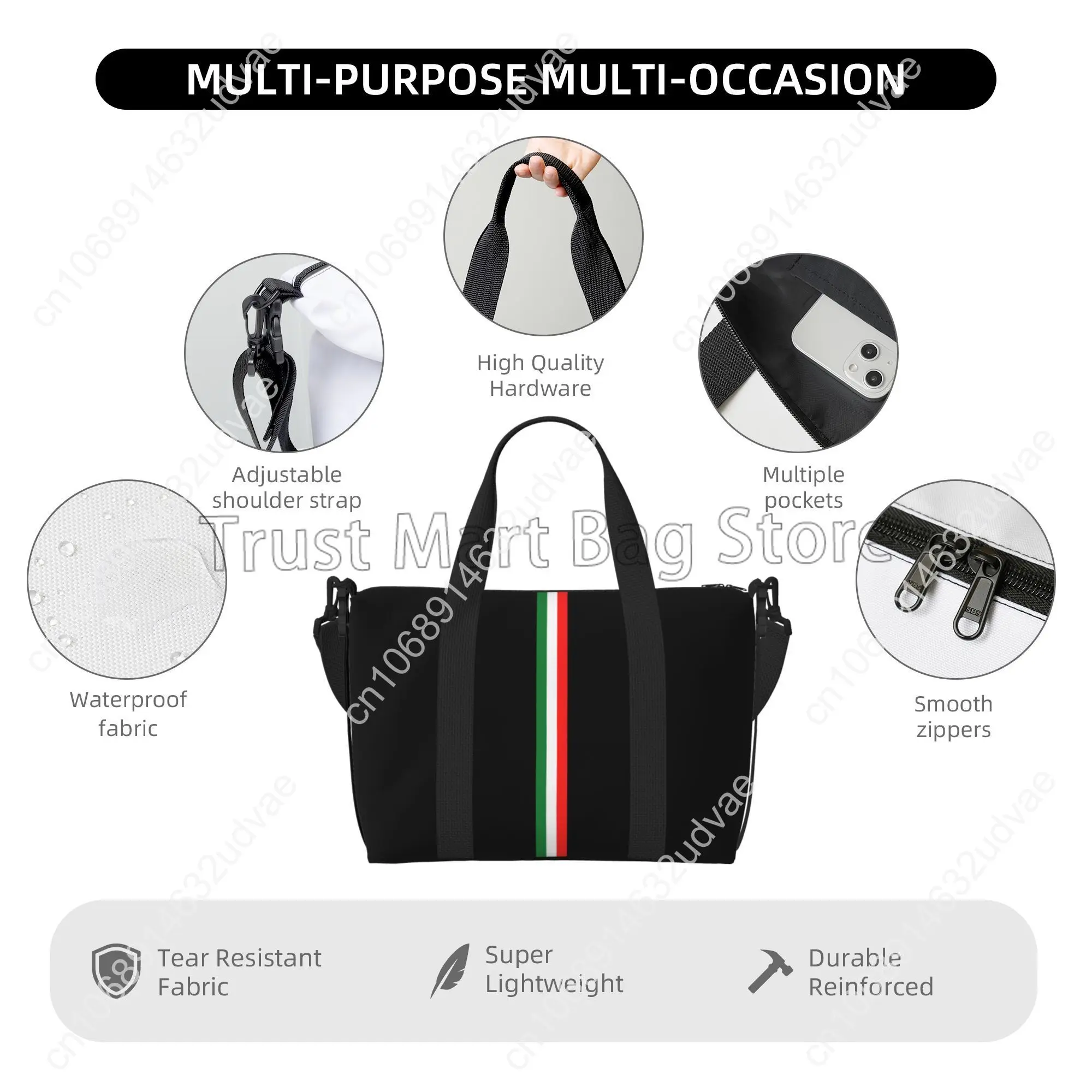 Italian Flag Print Duffle Bag for Travel Unisex Handbag Shoulder Bag for Sports Gym Yoga Waterproof Weekender Overnight Bags