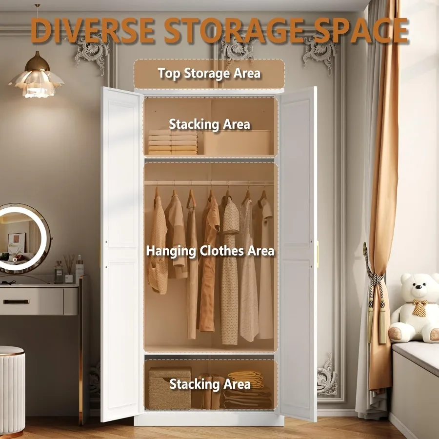 71 Tall Freestanding Metal Armoire Wardrobe Closet with Doors and Shelves for Bedroom Storage Large Capacity Hanging Closet wit