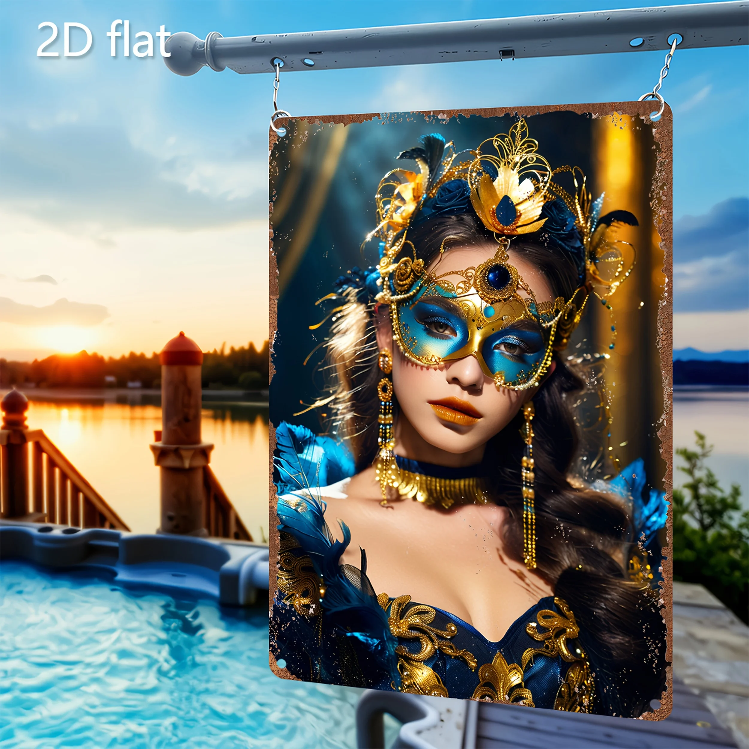 Vintage Metal Wall Decor -  Glamorous Art with Golden & Blue Feathers, Indoor/Outdoor Hanging Sign for Home, Holiday Gift