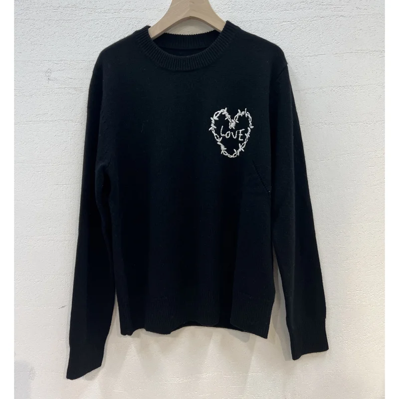 

Female Black Jumpers Crew Neck Love Embroidered Sweater Long Sleeve Beige Cashmere Tops Women Grey Winter Cashmere Pullover