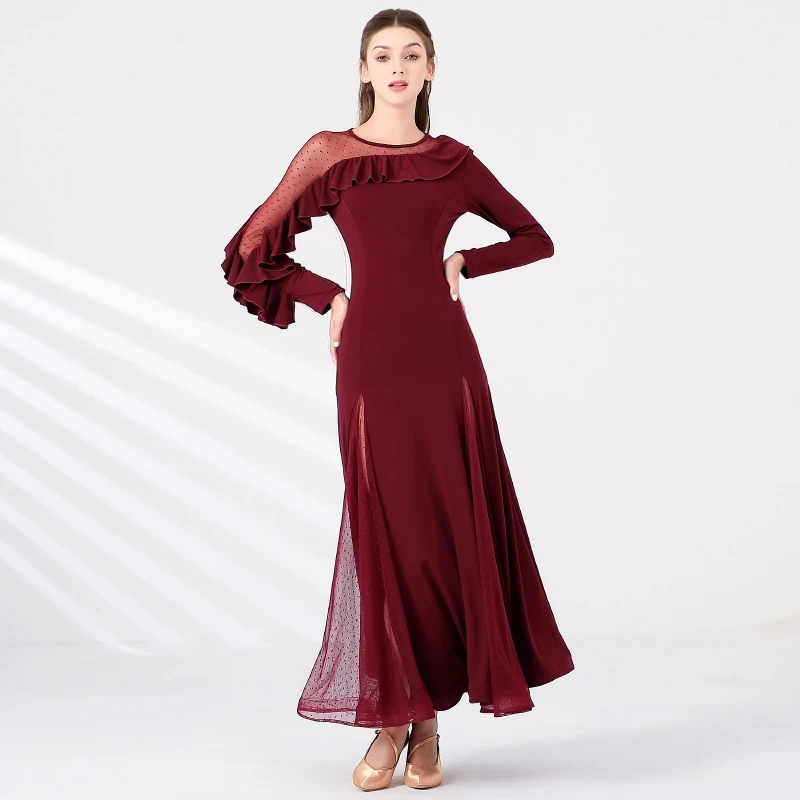 Sukienka do tańca towarzyskiego damska z rękawami w kształcie liści lotosu, w kropki, do walca, rumby, kostiumy taneczne, suknia balowa.