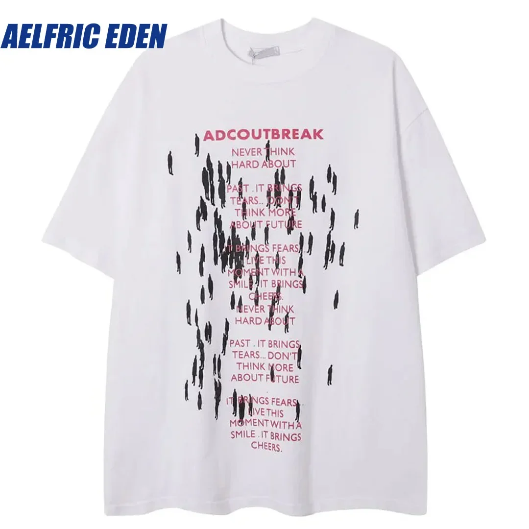 Aelfric Eden Vintage Tshirt Hip Hop Shadow Letter Graphic Print Washed T-Shirt Hip Hop Punk Distressed Shirts Men Loose Tee Tops