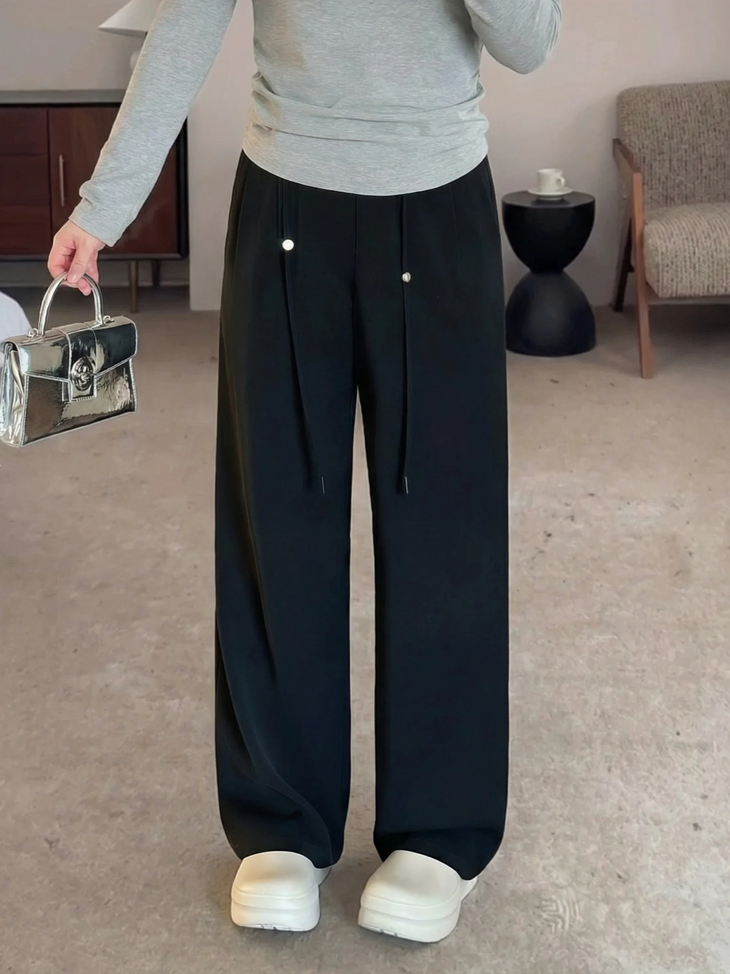 

High Waist Straight Leg Wide Leg Pants Elastic Waist Drawstring Design Spring New Loose Fit Women's plus Size Trousers