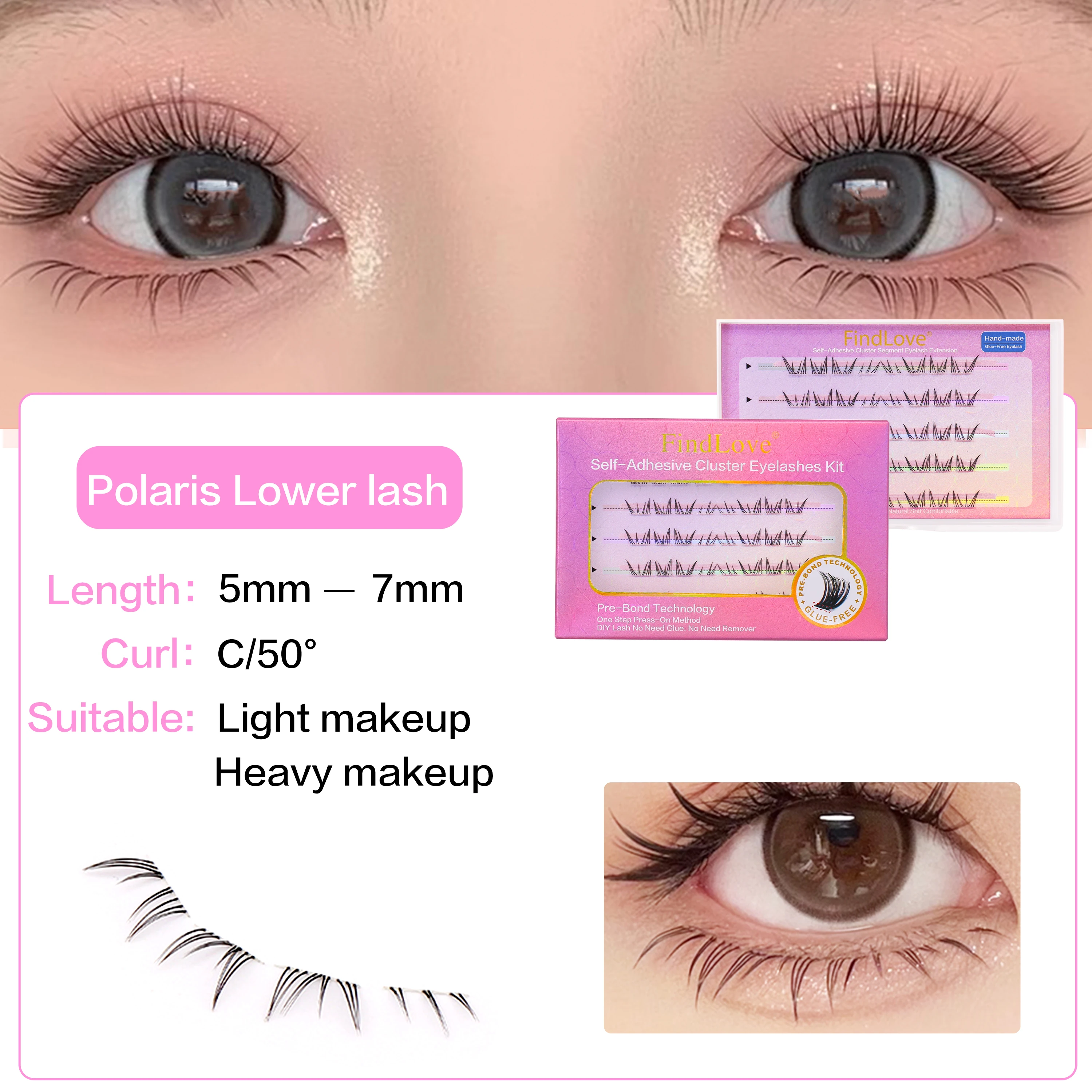 [Kein Kleber] FindLove Untere Wimpern Selbstklebende untere Wimpern Kein Kleber erforderlich Wiederverwendbare weiche individuelle Wimperncluster DIY Make-up