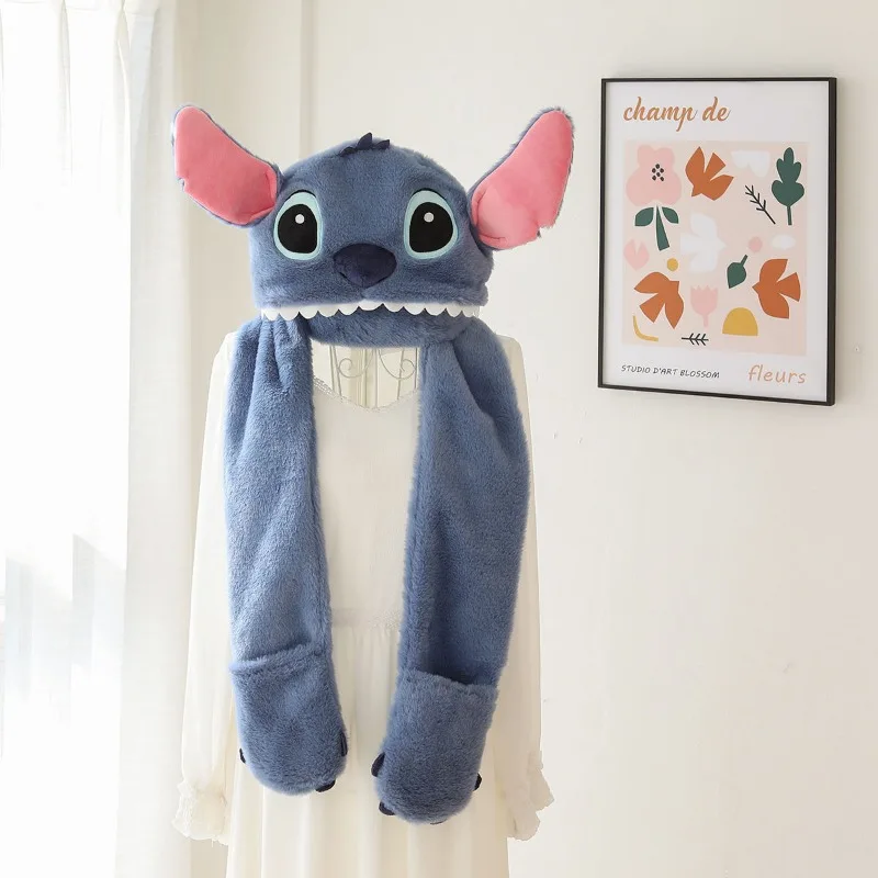 Disney Stitch Lilo & Stitch Creative Kawaii Cute Plush Doll Scarf Gloves Three-in-one One-piece Winter Outdoor Cycling Warm Hat