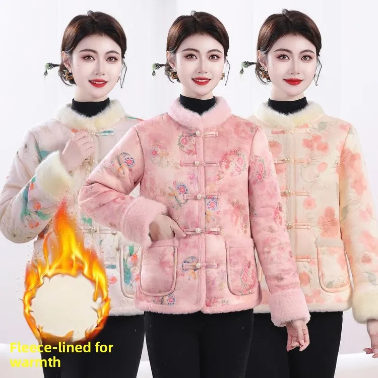 

New 2026 Winter Thiened Fce Lined Cotton Jaet Stand Collar Button up Women's Faionable Warm Outerwear Traditional Ch...