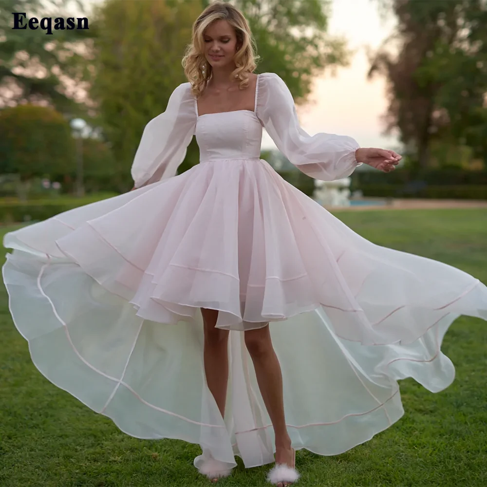 Eeqasn Pink Organza High Low Short Prom Dresses Long Sleeves Evening Party Dress Formal Prom Gowns Wedding Bridesmaid Gown