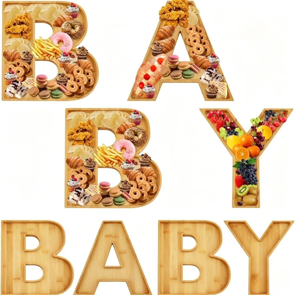 4Pcs Charcuterie Board Letters For Baby Shower Gender Reveal Party 9'' Wooden Candy Cupcake Serving Tray Food Dish Plates