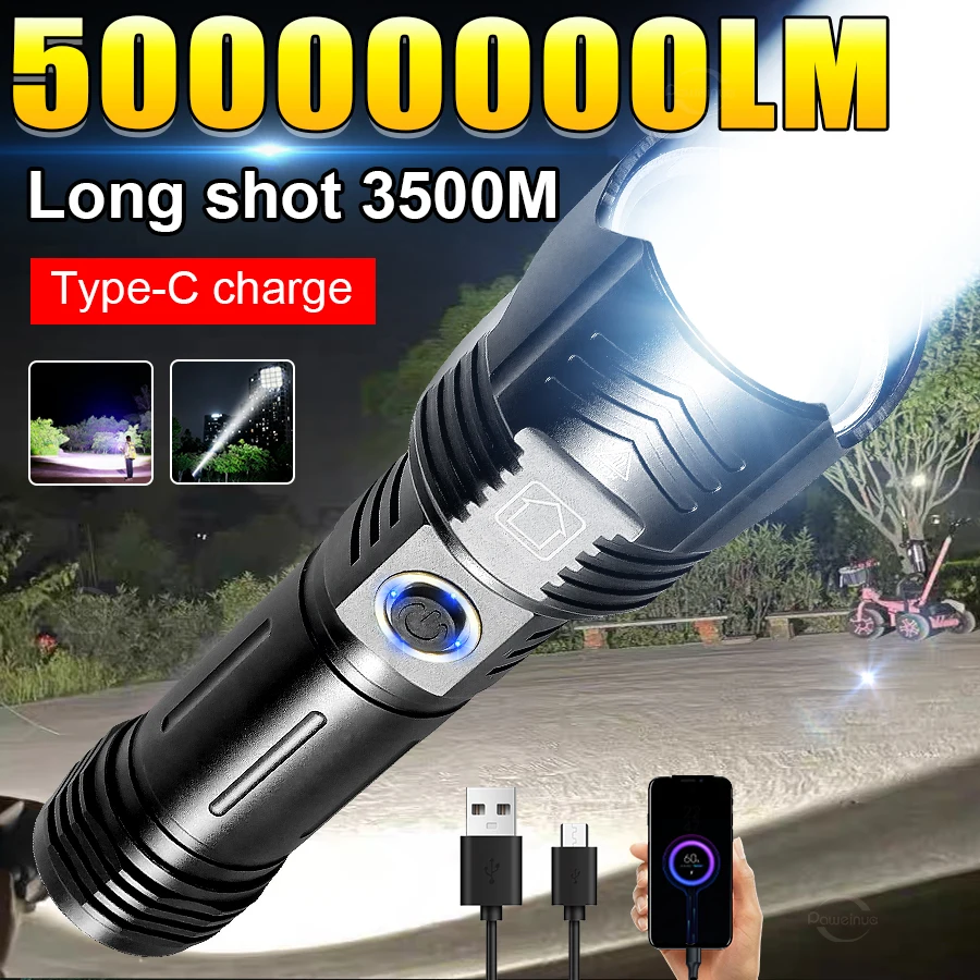 

50000000LM High Power Rechargeable LED Flashlights Ultra Powerful 5 Modes Type-C Charging Hand Torch Lamp Outdoor Zoom Lanterns