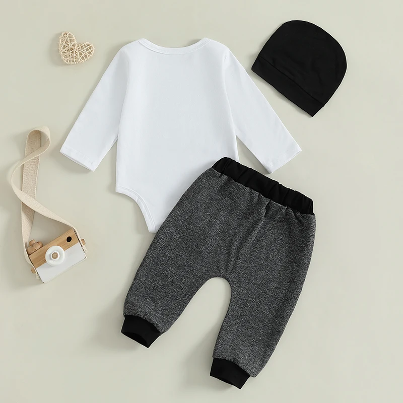 Tenue d'Automne pour Bébé Garçon, Barboteuse à Manches sulf, Pantalon à Taille artificiel astique, Bonnet, Chapeau, Ensemble de 3 Pièces