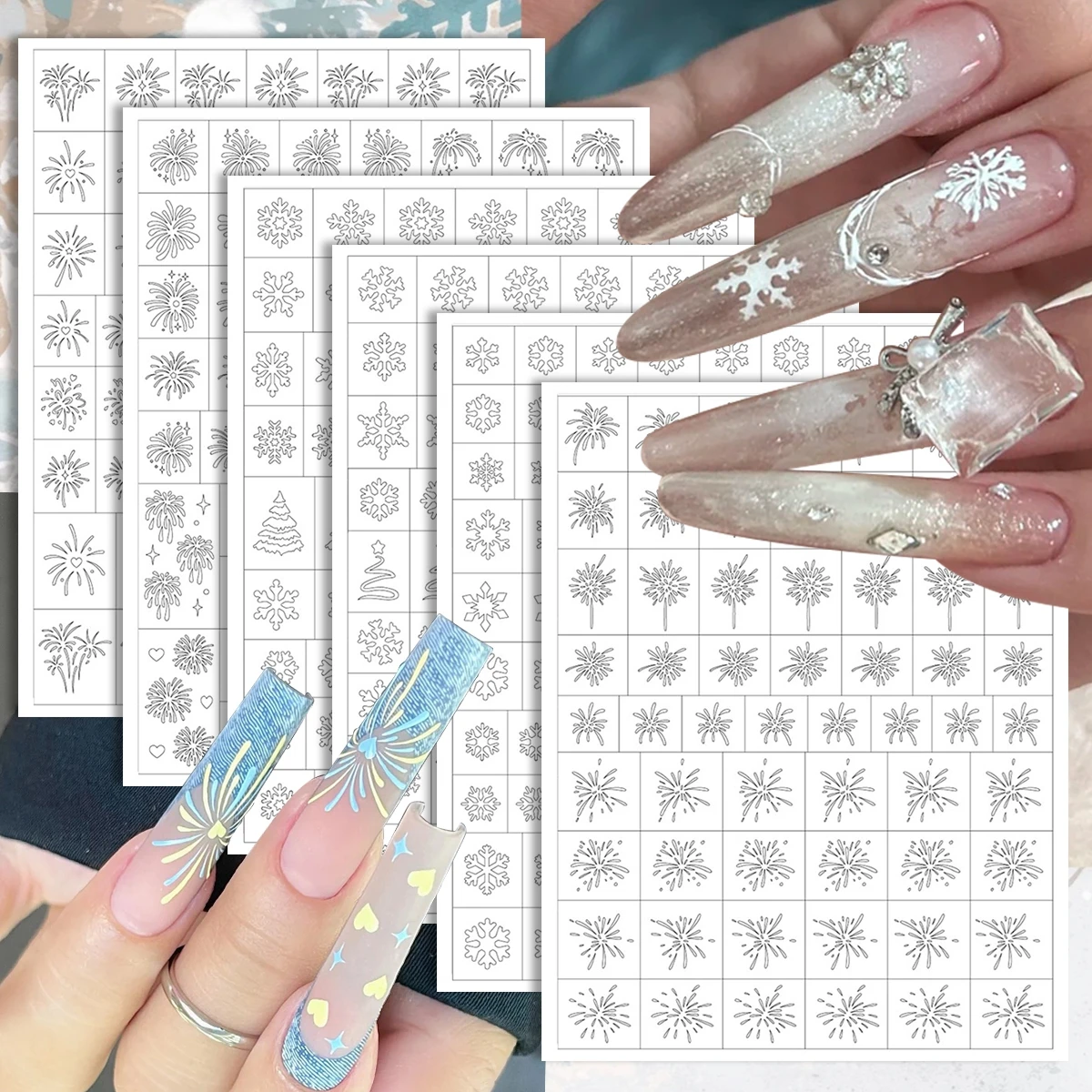 3/6/12 Sheets Christmas Xmas Nail Art Stencils Snowflake Firework Tree Hollow Guide Templates Winter DIY Manicure Nail Stickers