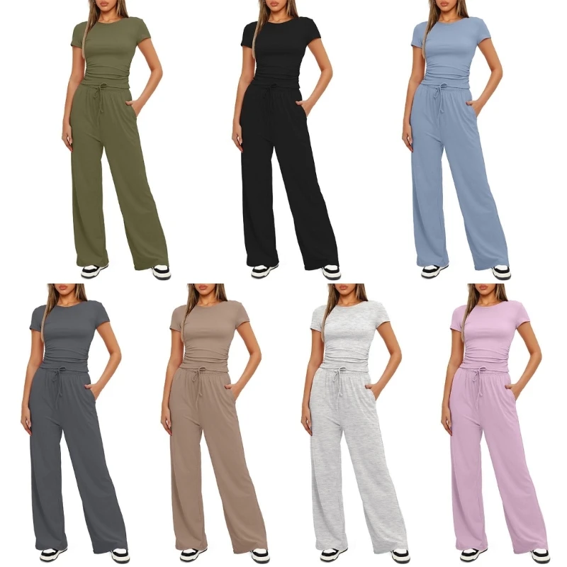 Modern Women 2 Piece Set Breathable Crop Top and Wide Leg Pants Simple Short Sleeve High Waist Trousers with Pockets