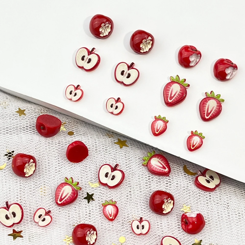 20Pcs Red Fruit Series Manicure Art Charms Accessory Sliced Strawberry Apple Resin Diy Phone Case Nails Supplies Birthday Gift