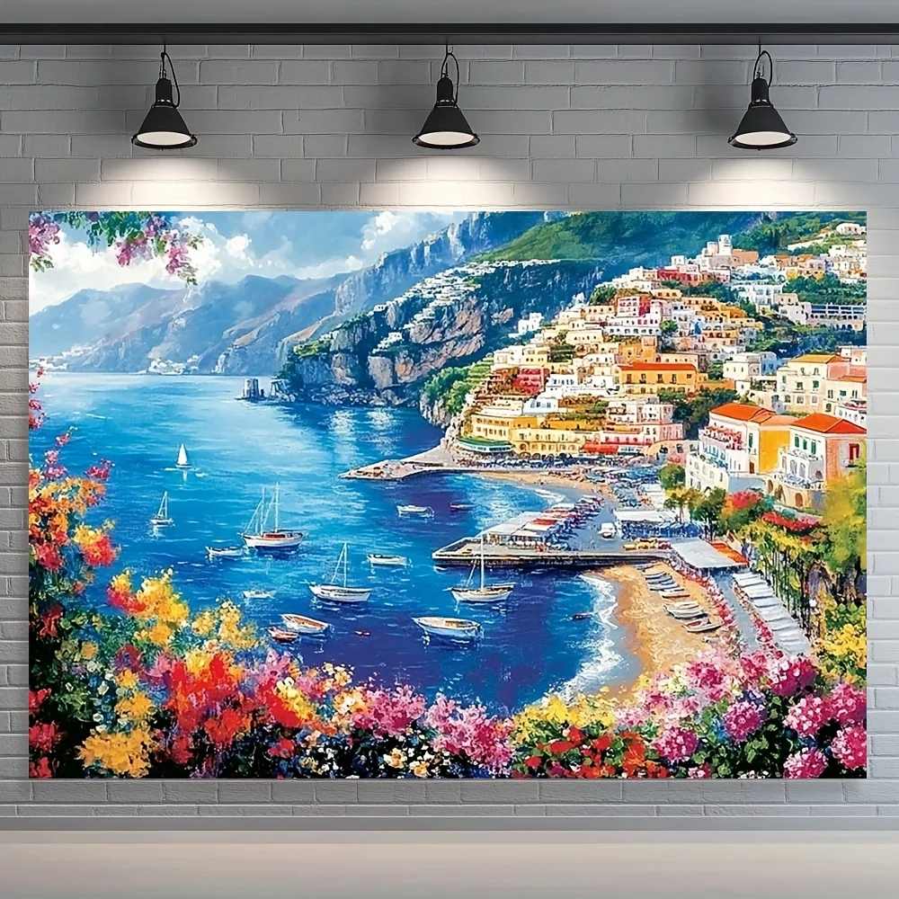 1-teiliger Polyester-Hintergrundstoff mit Amalfi-Küstenlandschaft, modische Heim- und Gartendekoration, Hochzeit und Geburtstag