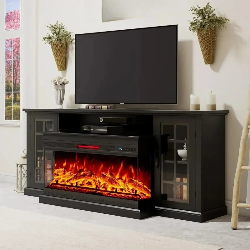 

75" Fireplace TV Stand with 3-Sided Glass Electric Fireplace, Media Entertainment Center , TVs up to 85", Black