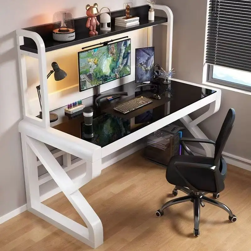 Integrated Gaming Desk With Tempered Glass Perforated Board Bookshelf Writing Surface For Bedroom Home Office-E-Sports Design