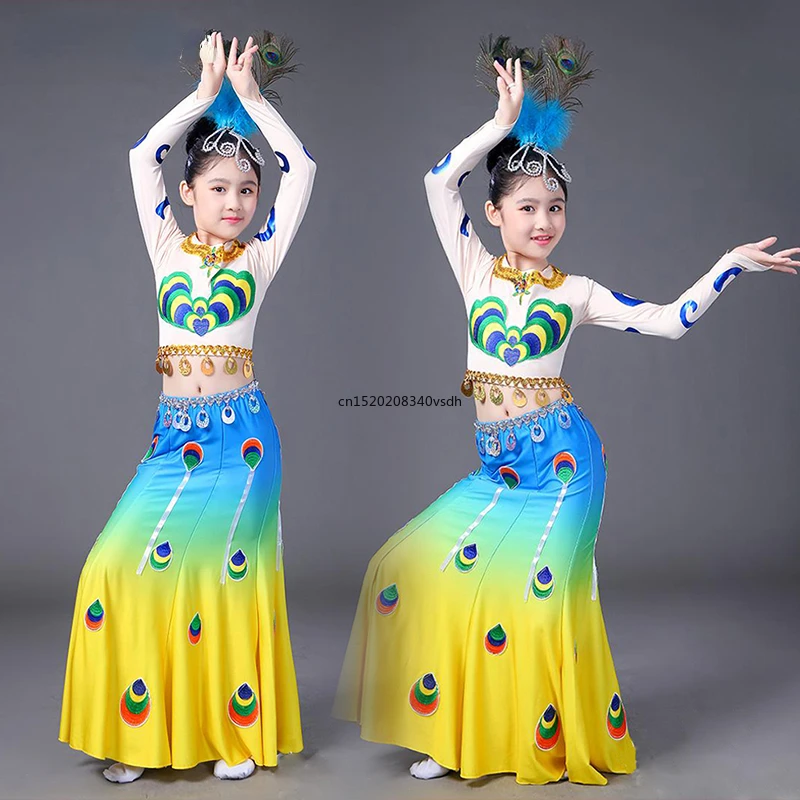 

New Arrivel Children Dai Costume Peacock Dance Dress Hmong Dancing Outfit Chinese Folk Dance Clothing Stage Performance Clothing