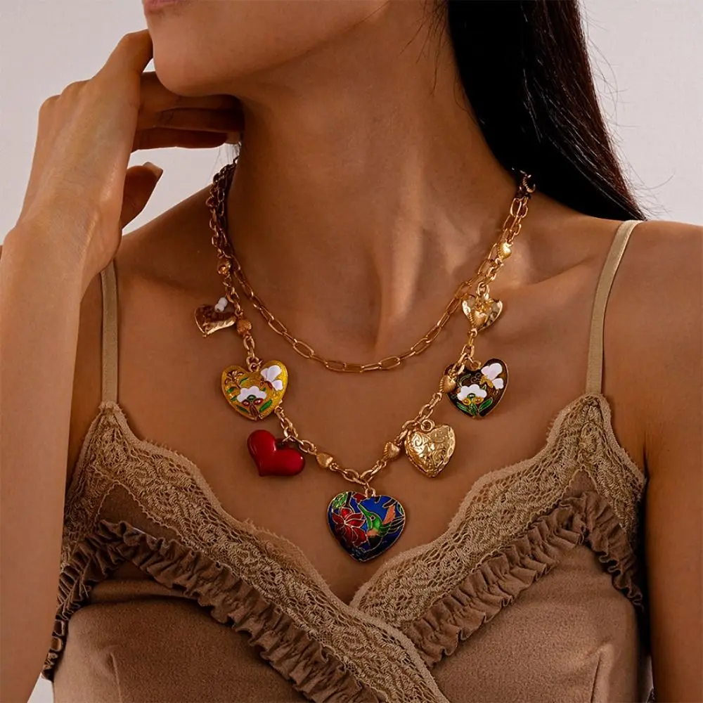 

Heart-shaped Big Heart Pendant Necklace Flower Dripping Oil Double Layer Necklace Gold Vintage Clavicle Chain Vacation