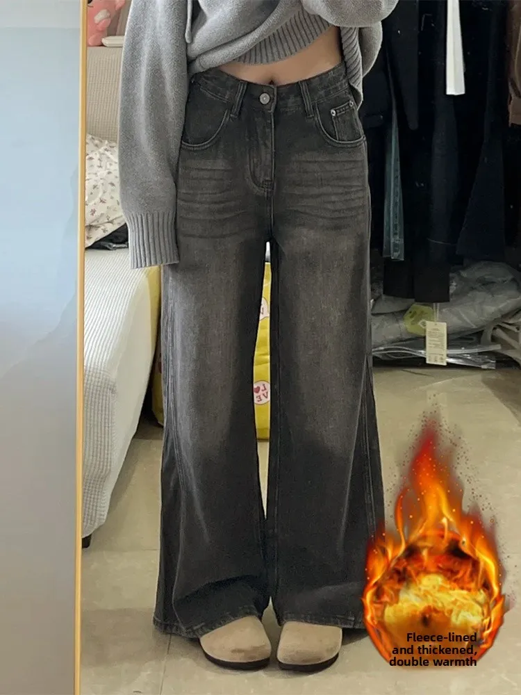 

plus Size Fleece Lined Thick Denim Pants Women's Autumn Winter High Waist Straight Leg Floor Length Warm Trousers Casual Wear
