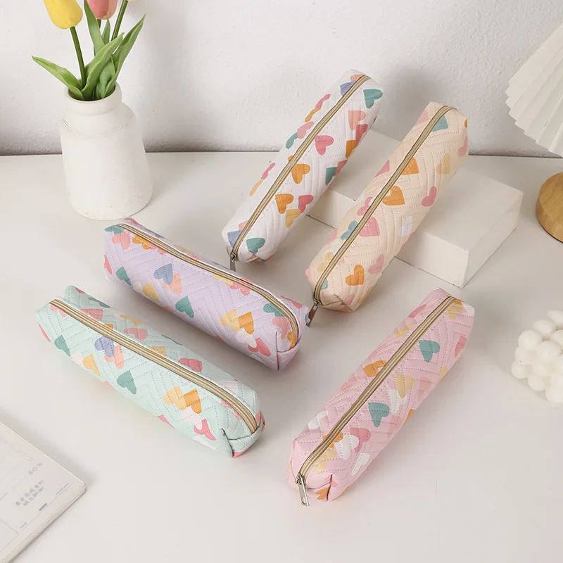 Striped Pencil Case, Stationery Storage & Desk Organization, Featuring Colorful Heart Print For Storing Makeup Brushes Cosmetics