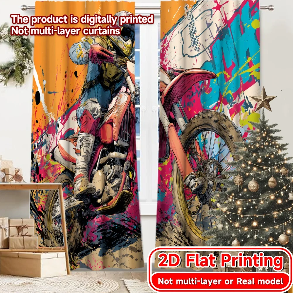 2D Flat Printing,2pcs Dynamic Rider Print Modern Curtains Durable Polyester Curtains Home Decor Use for Bedroom, Living Room,