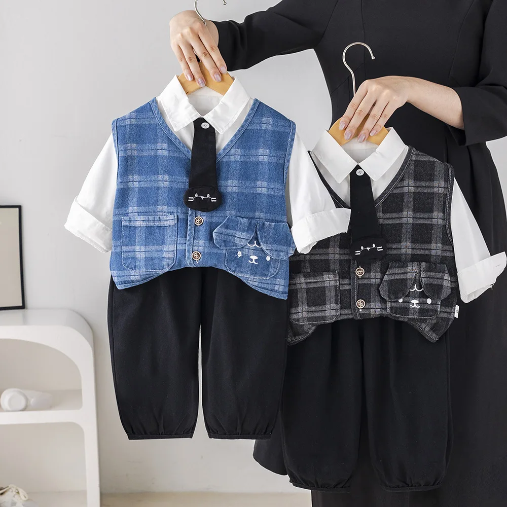 

2025 Autumn Boys' Denim Vest Shirt Pants 3-Piece Set Toddler Fashion Outfit 1-5 Years Kids' Clothes Casual School Wear