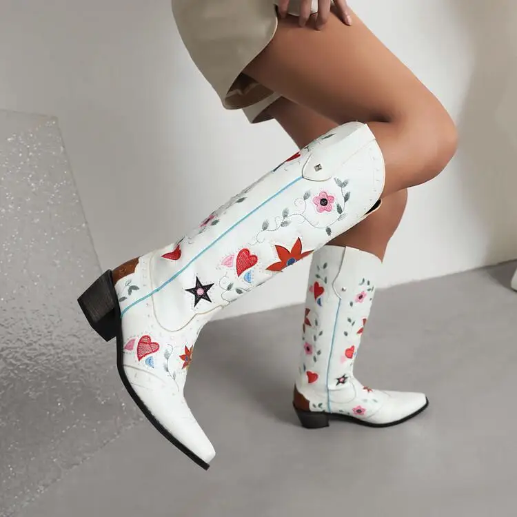 IPPEUM White Cowboy Boots For Women Leather Embroider Country Western Fashion Woman Chunky Heels Shoes Knee High Cowgirls Boots