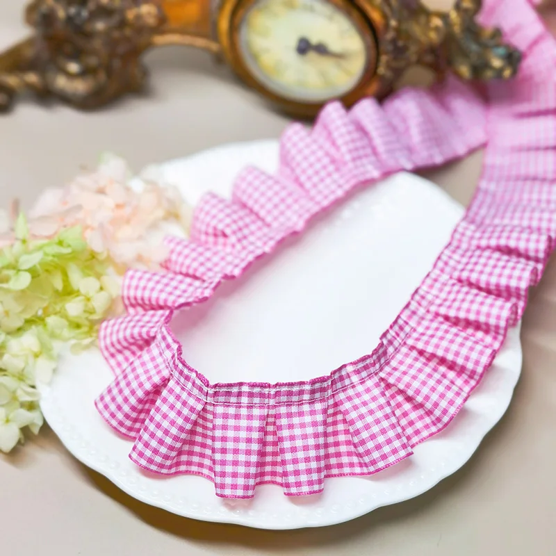 1M 4CM Wide Red White Plaid Pleated Lace Embroidered Ribbon Ruffle Ribbon Trims DIY Clothing Hair Accessories Home Sewing