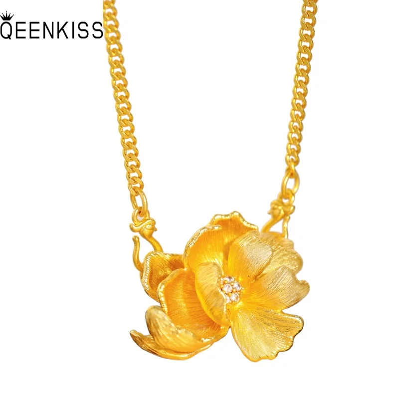 

QEENKISS Gold Flower Peony Necklace Pendants For Women Wedding Party Birthday Christmas Bride Mother Girl Ladies Gifts PT5189