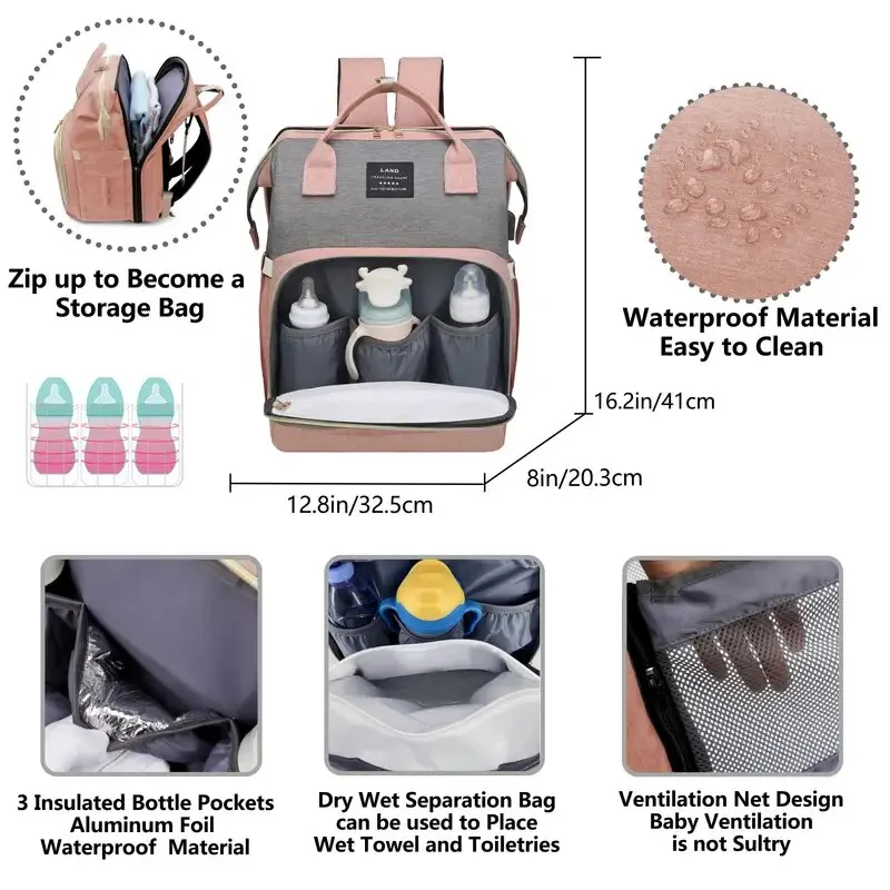 Mommy Baby Diaper Bag Backpack Changing Pad Shade Mosquito Net Wet and Dry Carrying USB Charging Port Stroller Hanging Bag Free