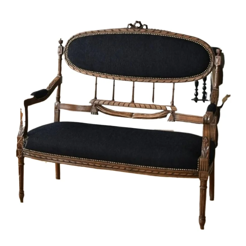 LMM European solid wood retro sofa hollow engraved black soft bag old French medieval sofa