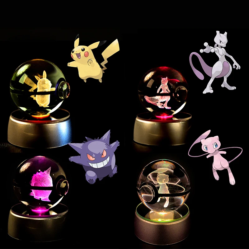 Bola de Cristal Pokémon 3D Mewtwo Pikachu Gengar, Lâmpada Noturna 3D Pokeball, Estátua de Vidro, Presente de Aniversário Pokémon