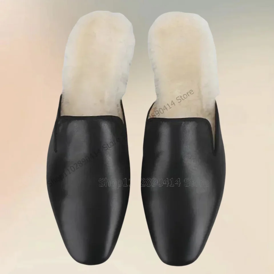 

Black Matte Leather Fur Inside Men Slippers Fashion Slip On Men Shoes Luxurious Handmade Party Banquet Office Men Casual Shoes