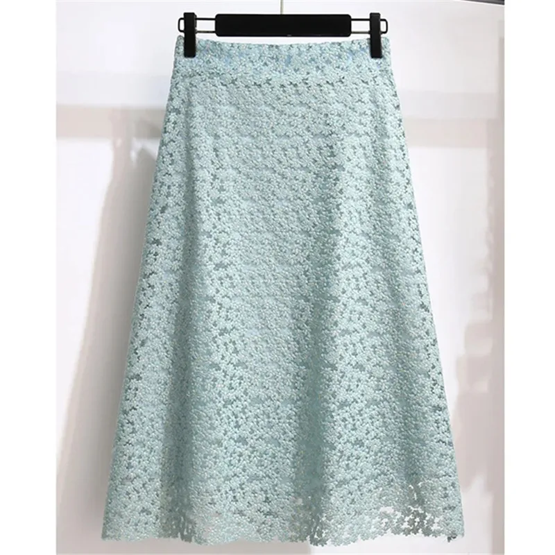 Elegant Lace Skirts Female 2023 Summer New Style Hollow Flower Temperament Fashion Green A-line Skirt For Women Vetement Femme