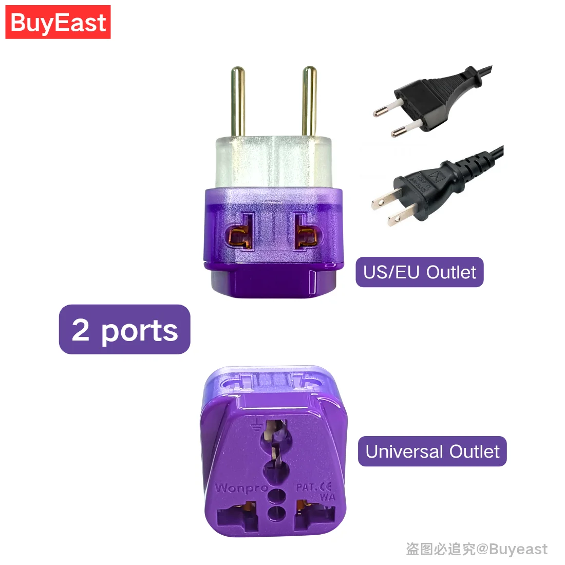 Wonpro WADB-9C 2-Port Travel Adapter Plug Converter Universal Outlet AC 250V 10A Compatible with Russia Israel Europlug