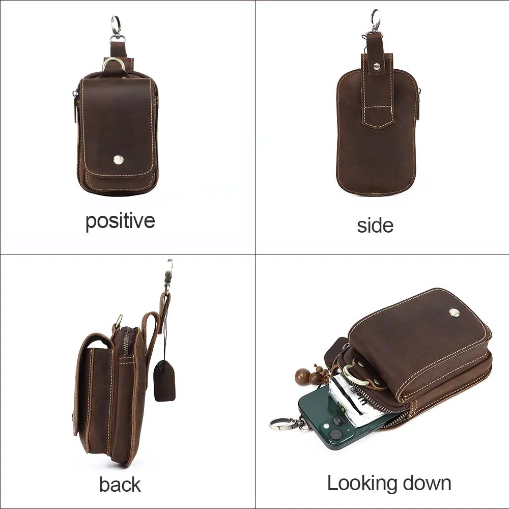 AIGUONIU 진짜 가죽 레트로 후크 디자인 핸드폰 작은 허리 주머니 허리 벨트 가방 망 러닝 허리 가방 화니 팩