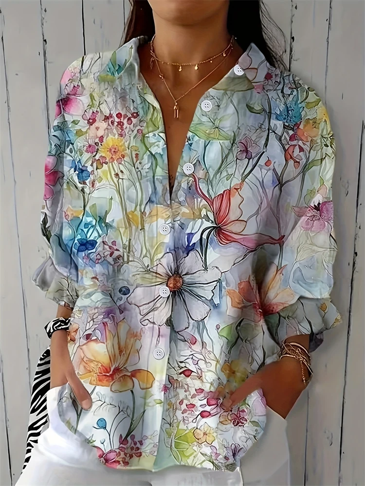 Women's Casual Lapel Loose Shirt Flower Printed Blouse Elegant Long Sleeve Button Down Blouse Office Women's Button Down Shirt
