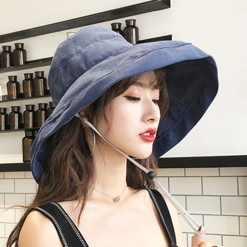 Oversized Summer New Cotton Breathable Big Brim Solid Color Fashion Bucket Hat Women Outdoor Travel Adjustable Sun Fisherman Hat