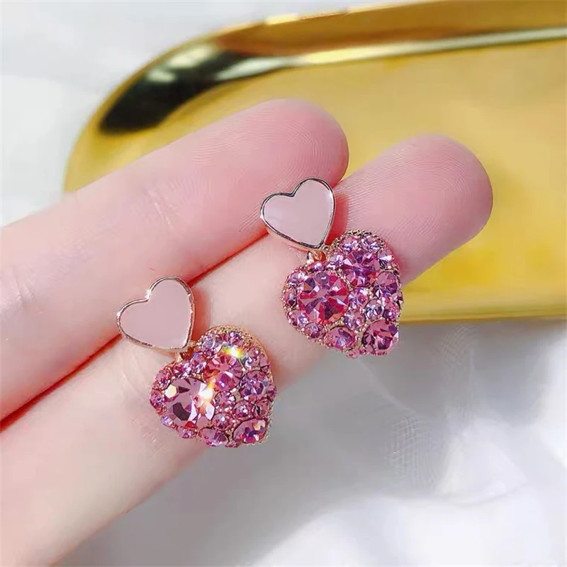 New Trend Zircon Crystal Double Pink Heart Pendant Earring for Women Geometry Brincos Wedding Jewelry Girl Gift