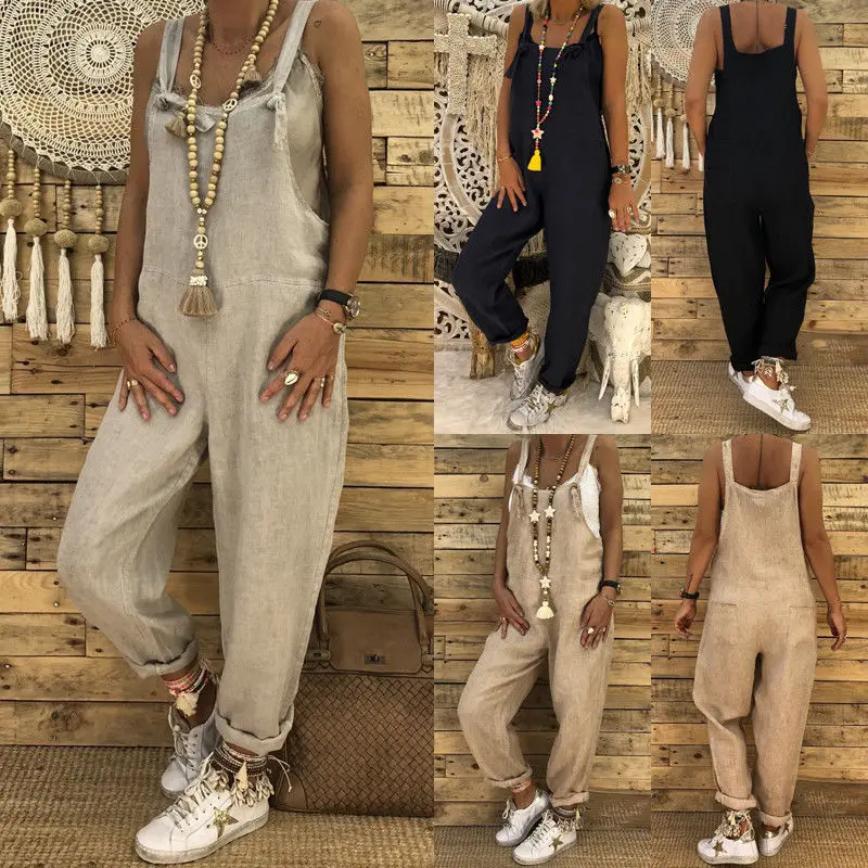 

Women Loose Casual Bib Overalls Cotton Linen Rompers Long Jumpsuits Solid Strappy Pockets Dungarees Plus Size