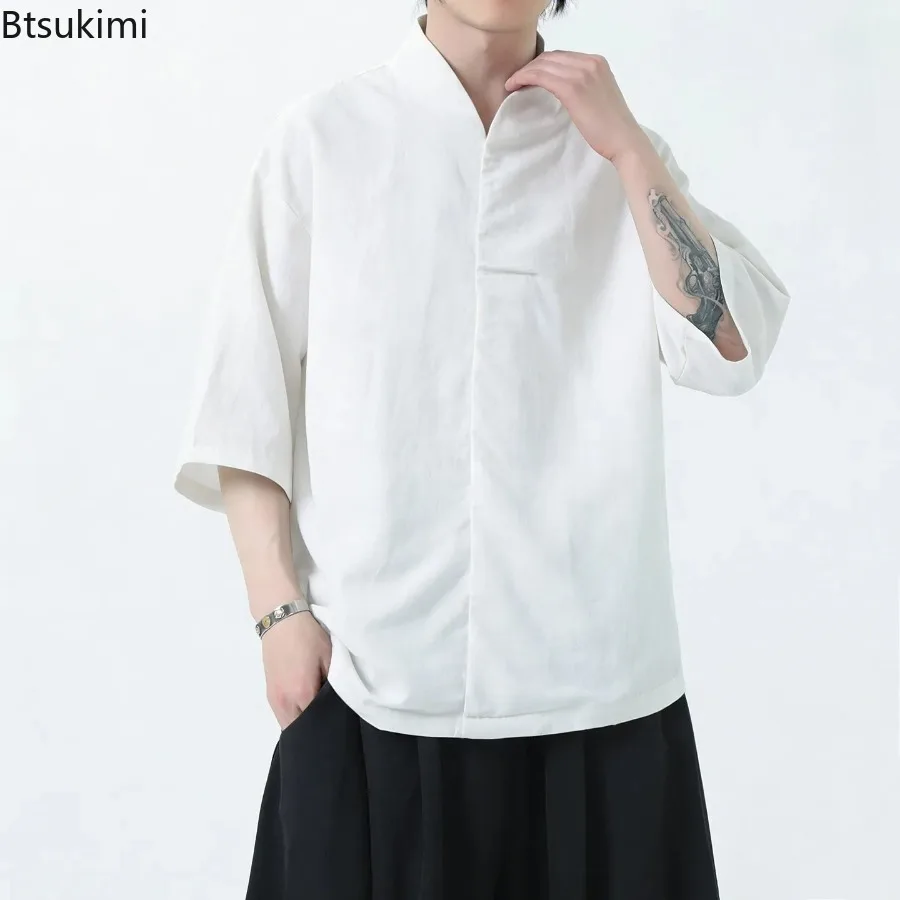 Oriental Style Men's Ice Silk Short Sleeve Shirts Stand Collar Frog Buttons Loose Fit Breathable All Match Chinese Casual Tops