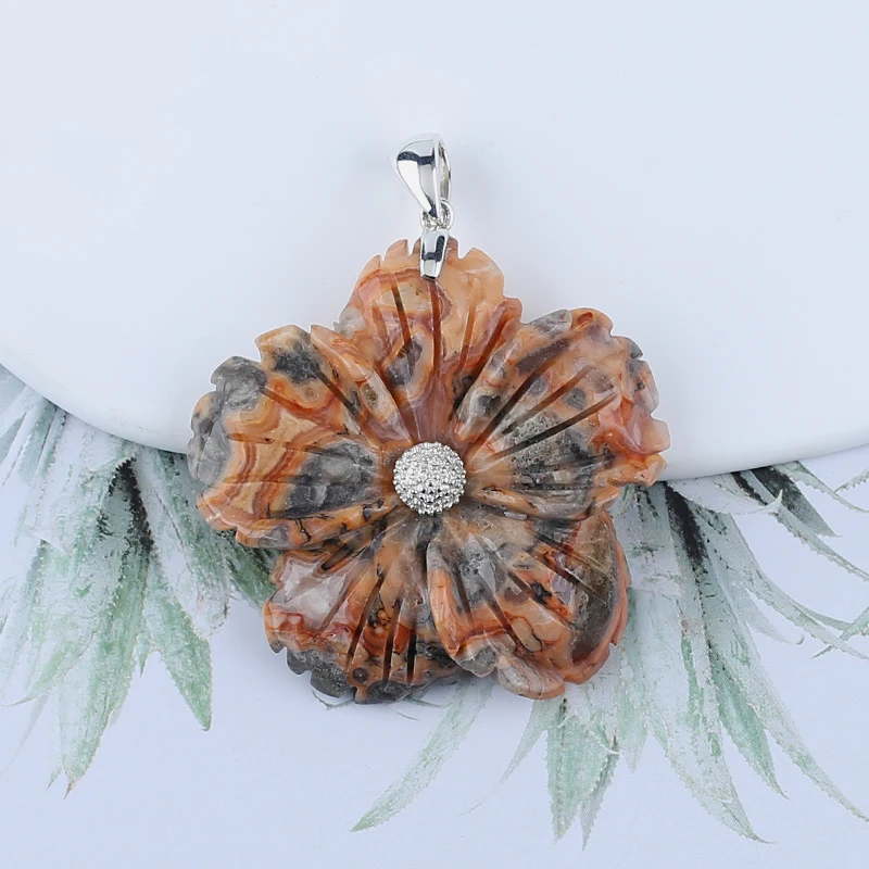 Natural Gemstone Crazy Lace Agate Handcarved Flower Pendant,925 Sterling Silver Jewelry Necklace Accessories,46x7mm,22g