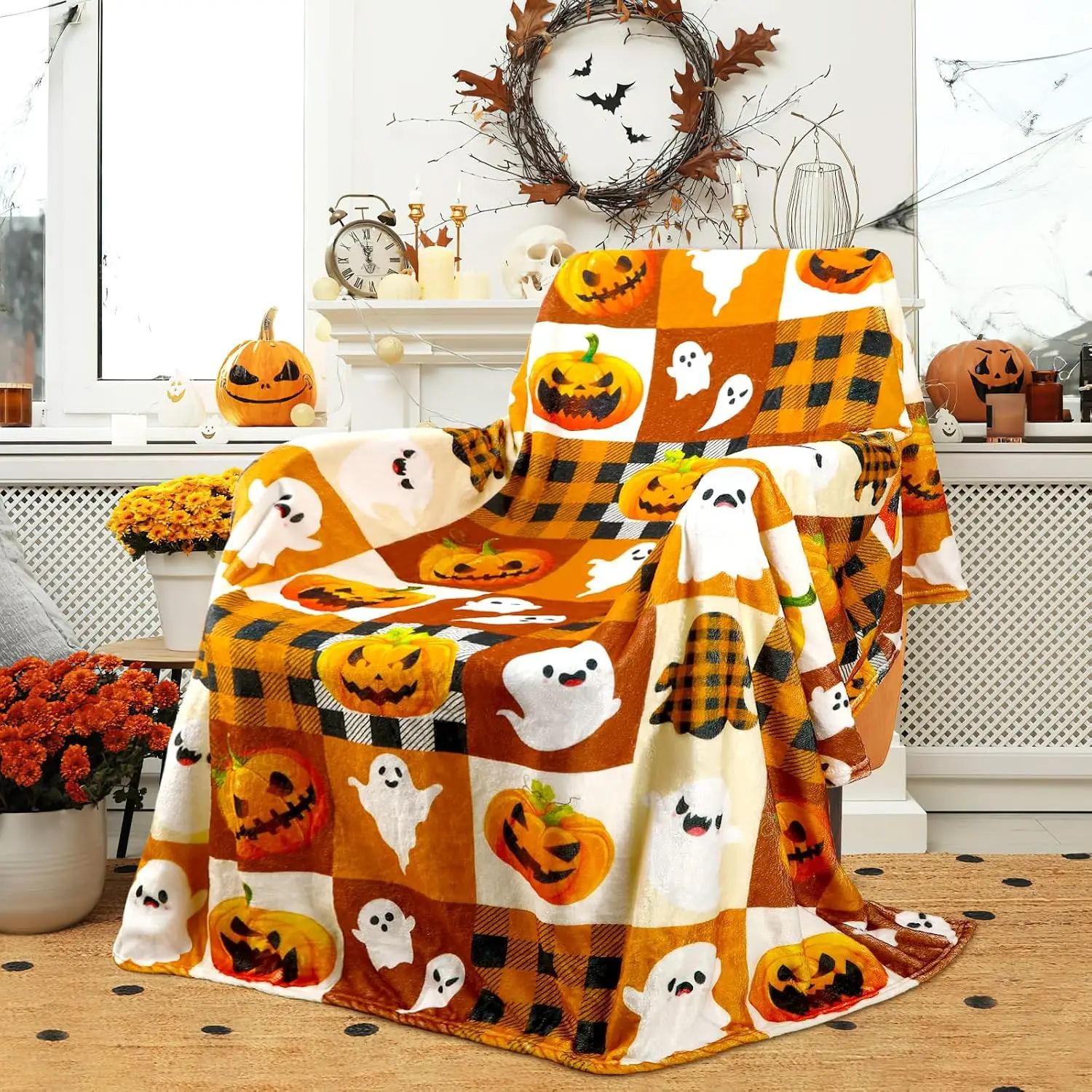 Jansun Halloween Throw Blanket 50x60 Inches Cozy Orange Couch Decor |   Ultra Soft Flannel 50x60 Inches, Breathable Cozy Warmth, Festive Orange Spooky Pattern, Perfect for Couch Bed and Gift