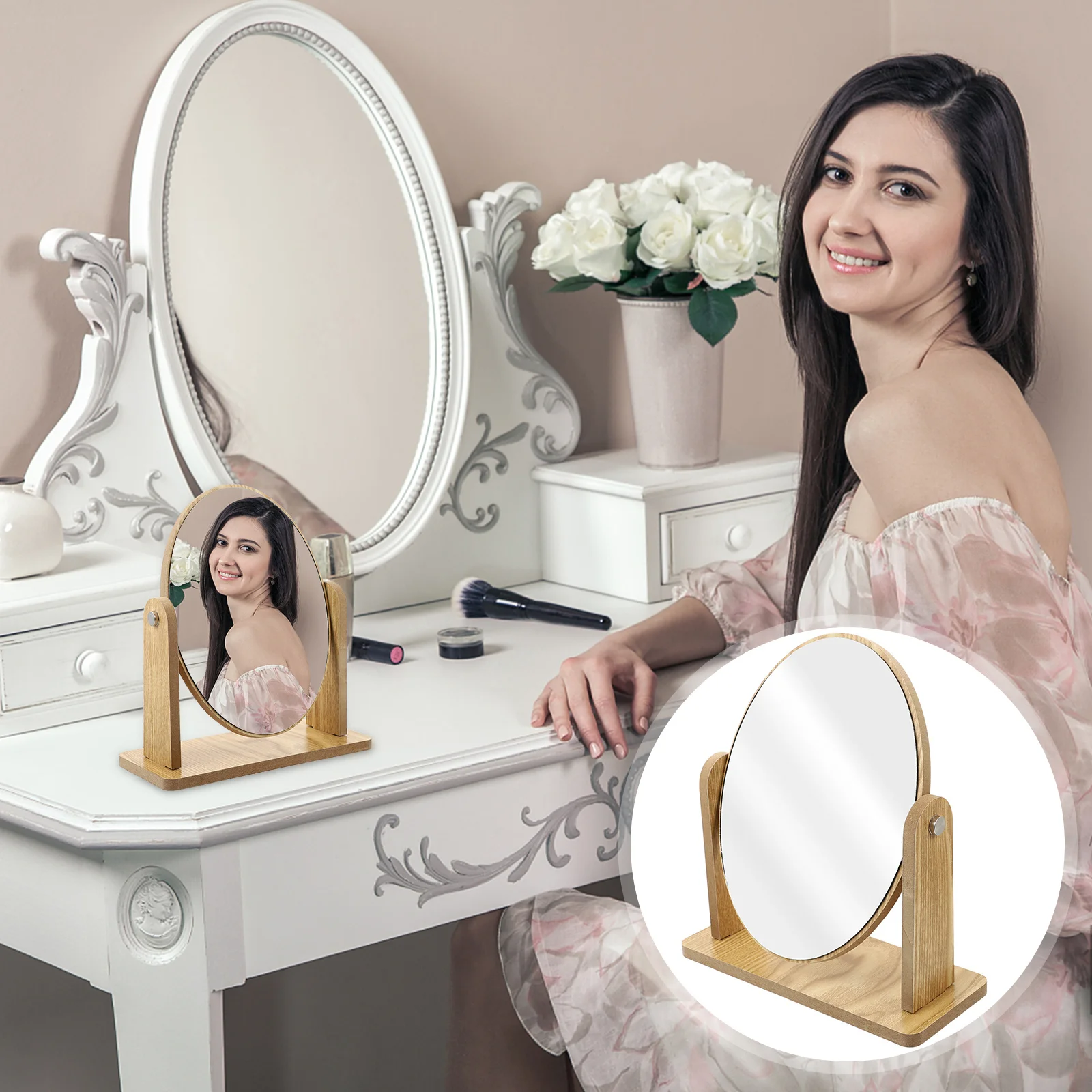 Wooden Swivel Tabletop Vanity For Bathroom Bedroom Dresser, Oval Desk Mirror For Women, Wood Makeup Mirror, Tabletop Wood