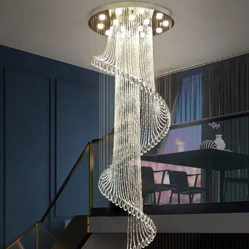 

Stair chandelier modern simple atmosphere villa hollow ceiling loft rotating crystal living room duplex floor chandelier