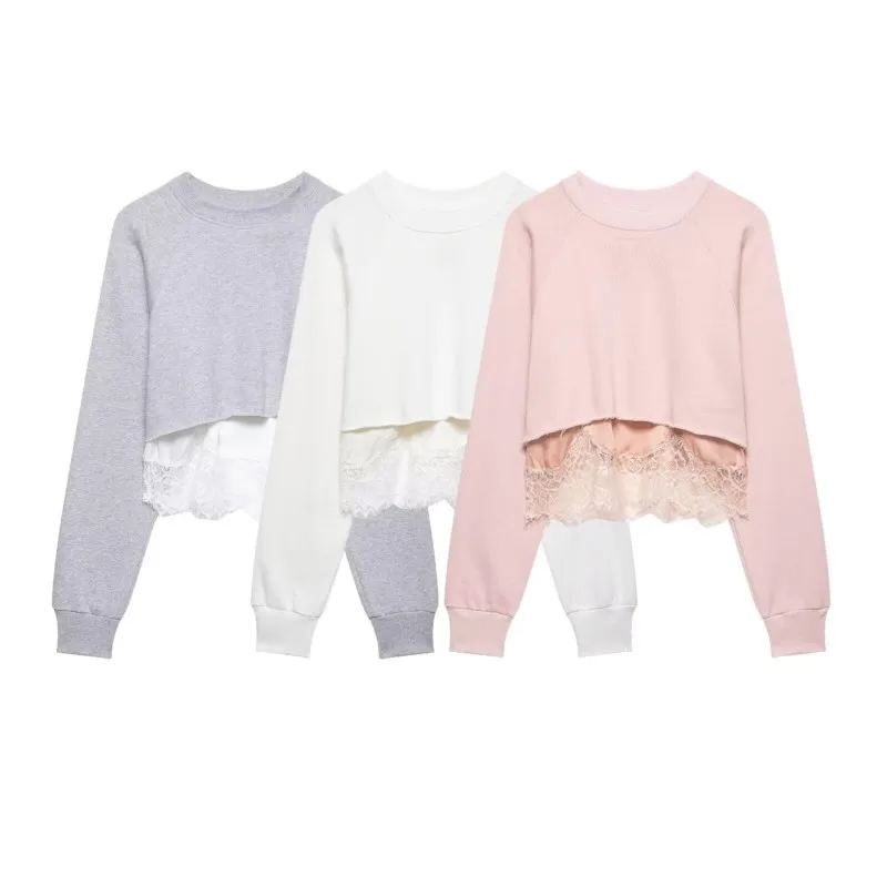 

Women's Lace Spliced Short Hoodie Spring Fashion Round Neck Long Sleeve Pullover Casual Female Streetwear Tops