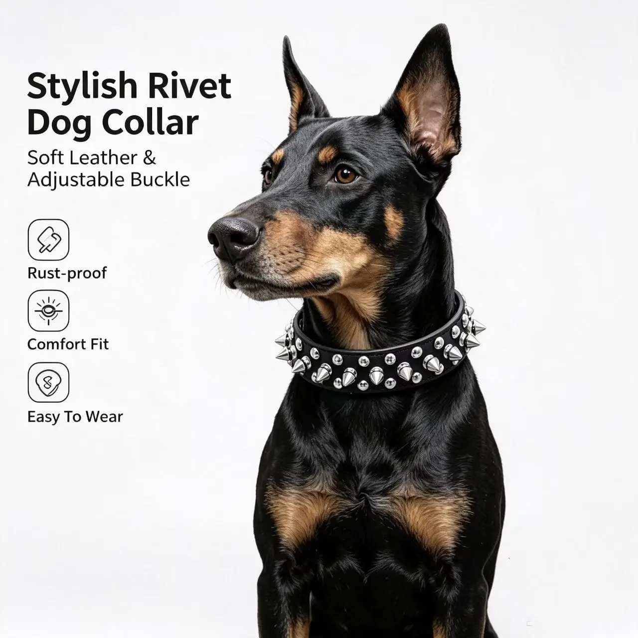 Adjustable Spiked Rivet Dog Collar PU Leather Anti‑rust Cool Pet Collar with Metal D‑ring for Walking Small Medium Dogs XXS-XXL