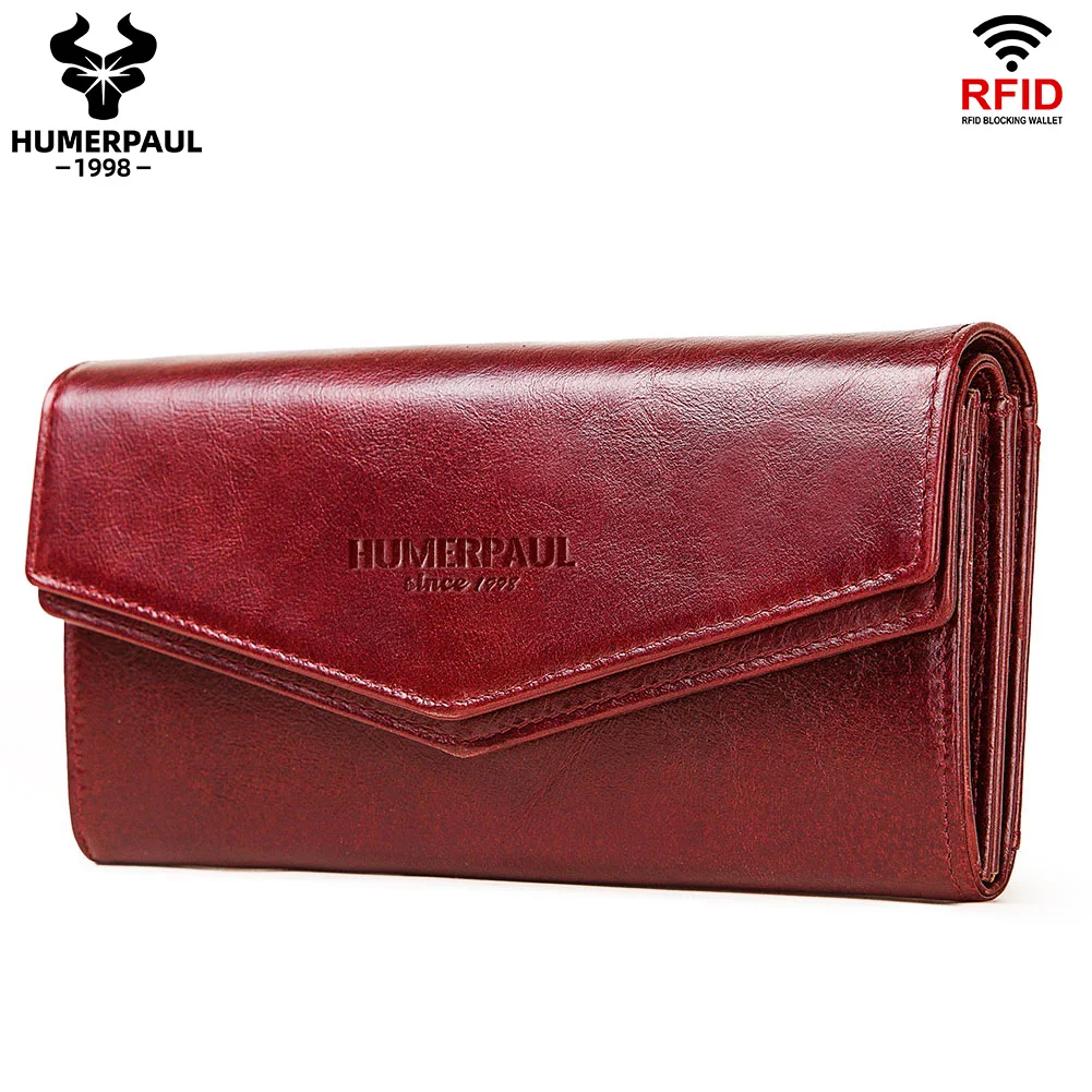 HUMERPAUL Women's Wallet Top Layer Leather Long Cell Phone Bag with RFID Card Holder Large Capacity Luxury Ladies Handbags